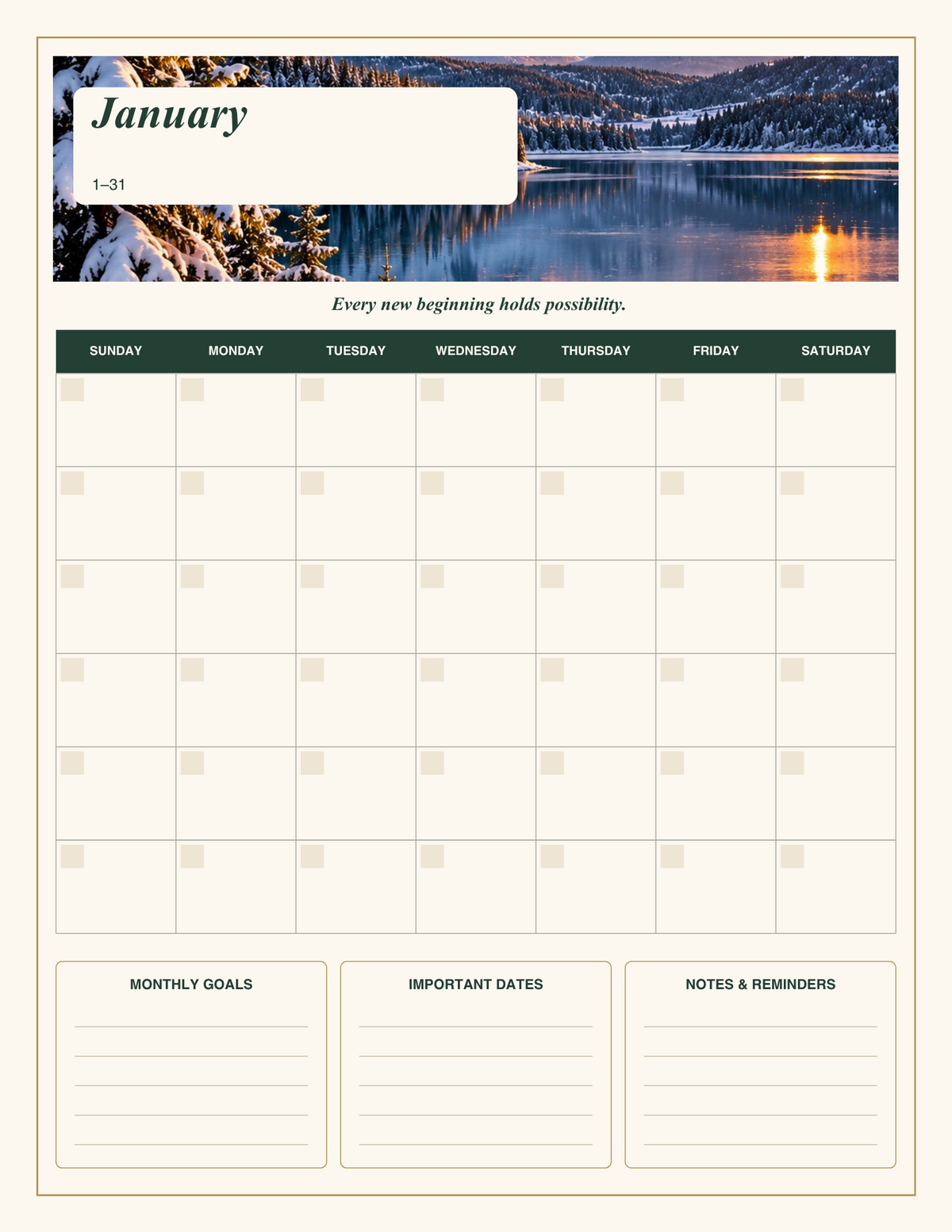January undated monthly calendar