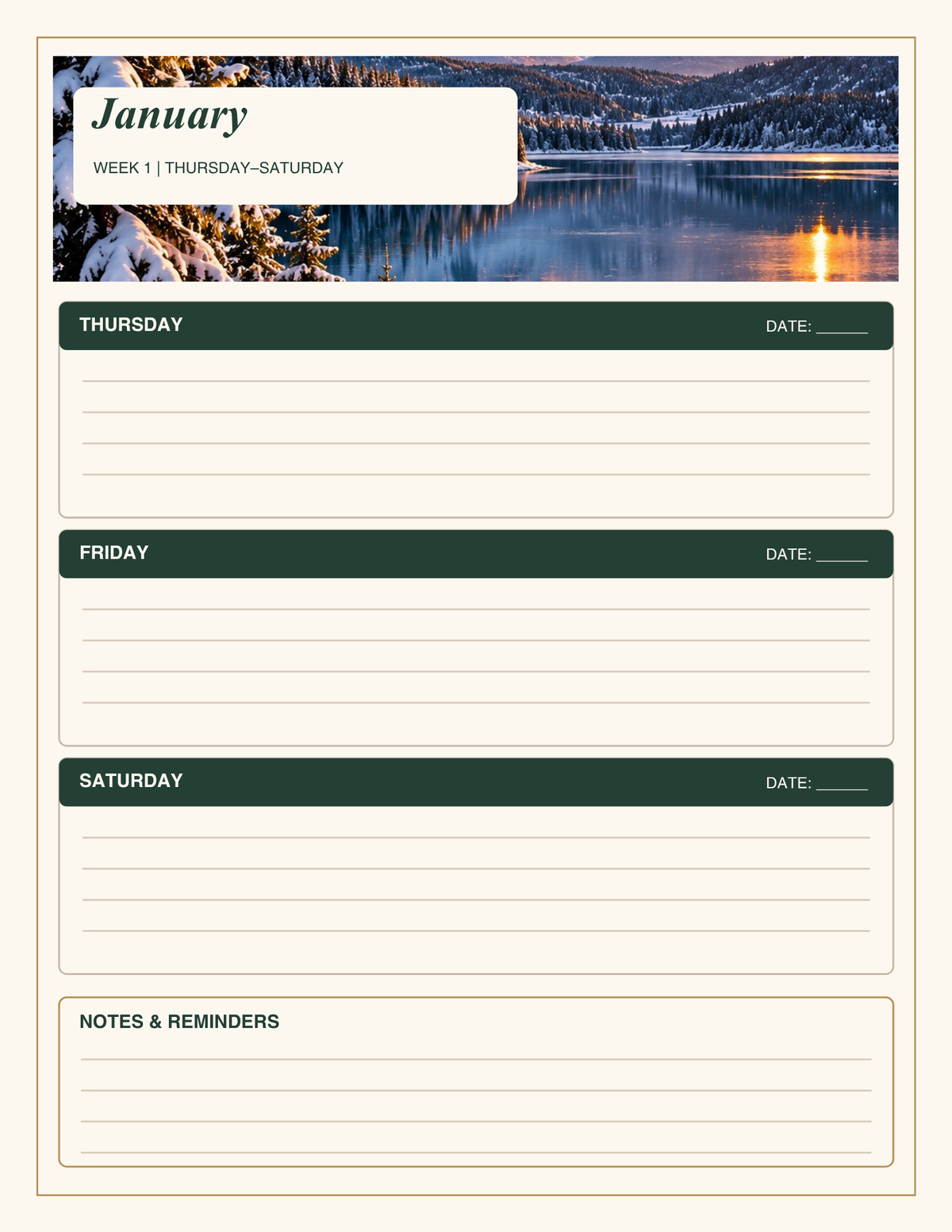 January weekly planner Thursday through Saturday and notes