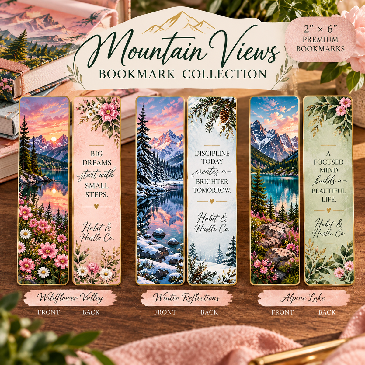 Mountain Views double-sided bookmark collection mockup