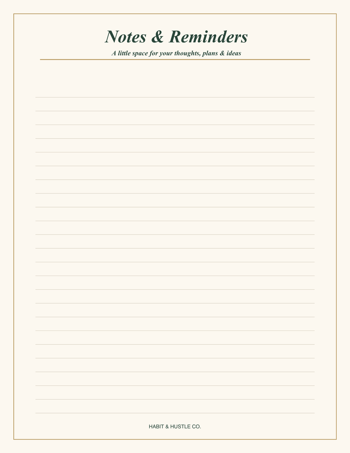 Lined Notes and Reminders planner page