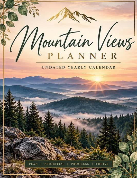 Original Mountain Views Undated Yearly Planner front cover by Habit & Hustle Co.